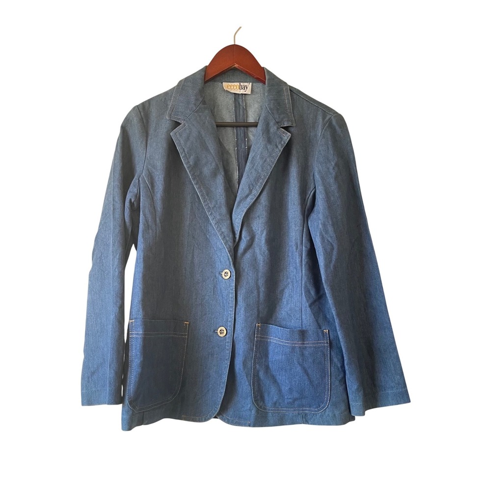 Vintage 70s Denim Blazer Jacket Blue Two‎ Button Patch Pockets Womens